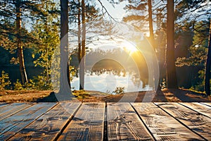 Serene Sunset View over a Calm Lake from a Wooden Deck Amidst Pine Trees, Golden Hour in a Peaceful Forest Landscape