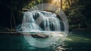 Serene Sunset Waterfall In Tropical Forest