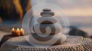 Serene Sunset Zen Garden With Stone Cairn and Lit Candles photo