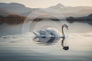 Serene Swan on Mountain Lake at Sunrise photo