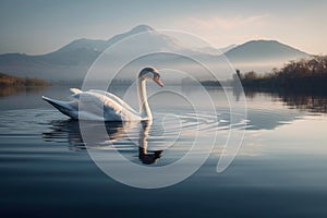 Serene Swan on Mountain Lake at Sunrise photo