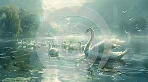 Serene swans on misty lake - generative ai