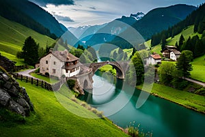 A serene Swiss landscape featuring a mean.dering river, ancient stone bridges, and quaint houses nestled among rolling hills