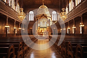 A serene synagogue with the Torah symbolizing the significance of Judaism