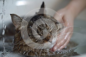 A serene tabby cat being bathed with gentle strokes.