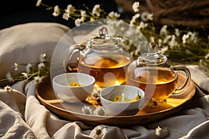 Serene tea time with chamomile and book in sunlit room for relaxation and unwinding