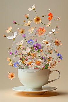 Serene Teacup Garden with Floating Colorful Flowers