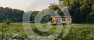 A serene tiny house on wheels parked in a lush, rewilded meadow, a hub for community workshops on sustainable living