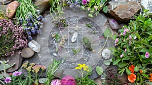 A serene top-down view of a crystal grid, intricately laid out and surrounded by an array of dried herbs and vibrant