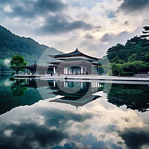 Serene Traditional Pavilion Reflected in Calm Waters at Dusk. Generative ai