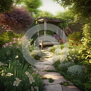 Serene, Tranquil Garden with Beautiful Flowers and Foliage