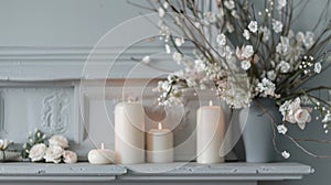A serene and tranquil scene of a muted mantle with delicate taper candles softly lighting the room. 2d flat cartoon photo