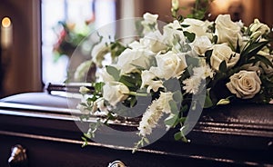 Serene Tribute Funeral Bouquet of White Flowers on Coffin Lid