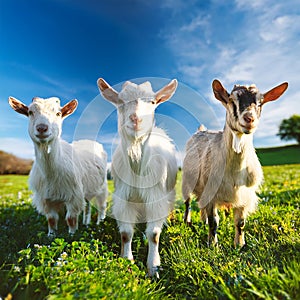 Serene Trio: Three Friendly Goats Grazing in a Grassy Field. photo