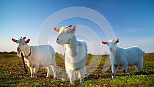 Serene Trio: Three Friendly Goats Grazing in a Grassy Field. photo