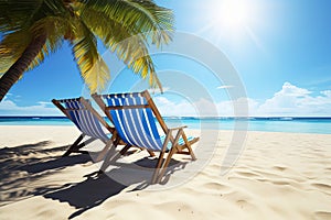 Serene tropical beach. palm leaves, white sand, turquoise ocean, sun loungers, blue sky