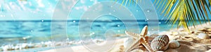 Serene Tropical Beach Scene with Starfish and Shells, Summer Vacation banner. Tourism and travel concept