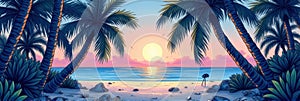 Serene tropical beach sunset with vibrant palm trees and ocean view photo