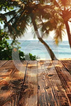 Serene Tropical Beach View from Wooden Plank Terrace with Overhanging Palm Leaves and Gentle Ocean Waves in the Background