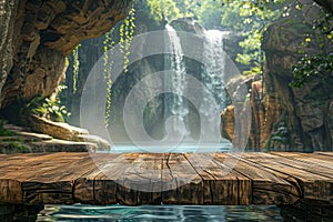 Serene Tropical Waterfall Oasis with Sunlight Filtering through Mist and a Wooden Platform in Lush Jungle