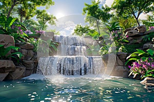 Serene Tropical Waterfall Oasis with Sunshine Peeking Through Lush Foliage and Mist Rising from Crystal Clear Blue Water Basins