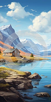 Serene Tundra Cabin Painting With Calm Waters And Detailed Illustrations