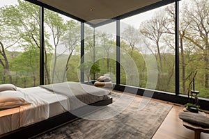 a serene, uncluttered bedroom with a view of the outdoors