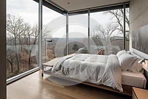 a serene, uncluttered bedroom with a view of the outdoors