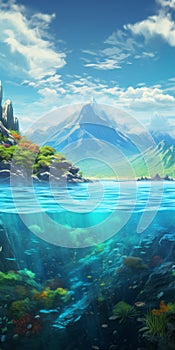 Serene Underwater Scene With Anime Art Style And Mountainous Vistas