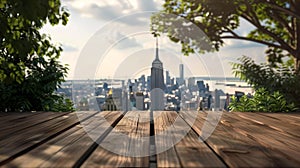 Serene urban oasis: wooden deck overlooking the new york city skyline with lush greenery on a sunny day. ideal for