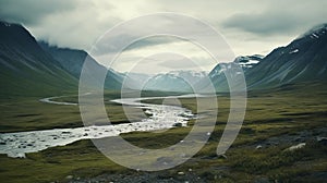 Serene Valley: Atmospheric Imagery Of A Flowing River In The Arctic