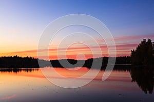 Serene view of calm lake and sunset clouds