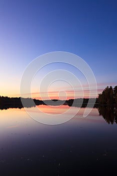 Serene view of calm lake and sunset clouds