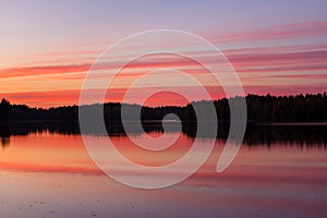 Serene view of calm lake and sunset clouds