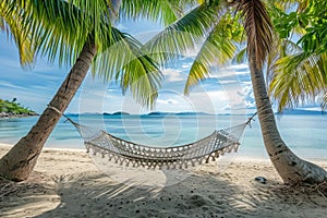A serene view of a hammock gently swaying between two tall palm trees on a beautiful sandy beach, A hammock strung between two