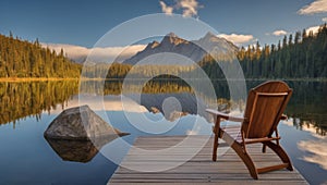 A serene view of Lake Alice with a wooden chair over the dock