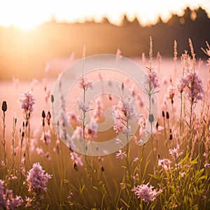 serene view of natural landscape with pink colored plants and soft sunset