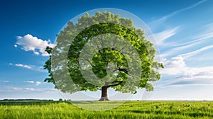 Serene view of a solitary oak tree standing in a lush green meadow under a vibrant blue sky