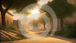 Serene village landscape at sunrise with trees photo