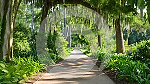 A serene walkway meandering through a lush landscape of green trees and plants, A grand cypress walkway in a vibrant park during