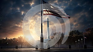 A serene war memorial with a flag at half-mast