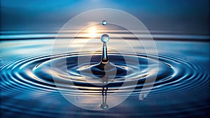 Serene water drop impact creating concentric circles on a still surface at sunset. Generative AI
