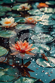 Serene Water Lilies on a Peaceful Pond with Sparkling Water Droplets and a Small Frog Perched on a Lily Pad