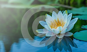 serene water lily reflection: a tranquil aquatic scene with a pristine bloom and its mirrored image in the calm water