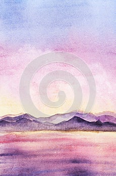 Serene watercolor landscape. Mountain chain and calm water reflecting tender blue, pink and lilac sunset sky. Abstract