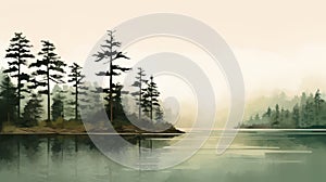 Serene Watercolor Landscape: Pine Trees Along A Lake