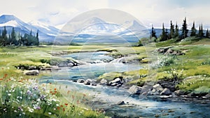 Serene Watercolor Painting Of Mountains And River With Delicate Floral Background
