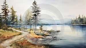 Serene Watercolor Painting Of A Lake And Path In 8k Resolution photo