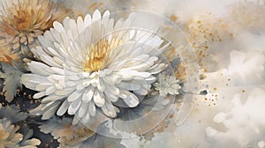Serene Watercolor Painting Of White Flowers In The Sun With A Sprinkle Of Water