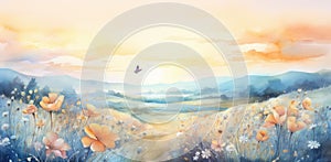 Serene Watercolor Sunrise over Flower Meadow with Fluttering Butterfly - Generative AI